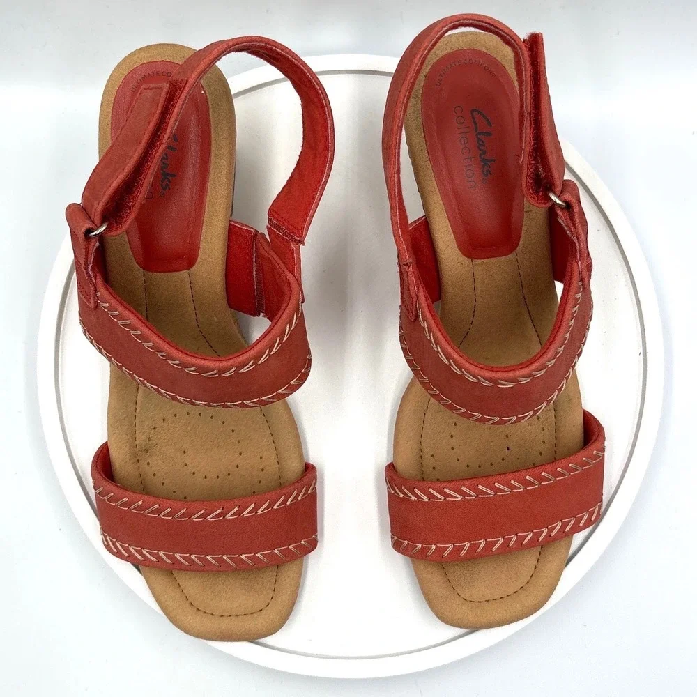 Clarks Collection Women Burnt Orange Whipstitch Wedge Sandals Size 10 W 26177316